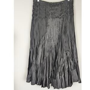 Black Satin Skirt Witchy Diagonal tiers crinkled and tucks Sz L W 30-36"Leng 30"